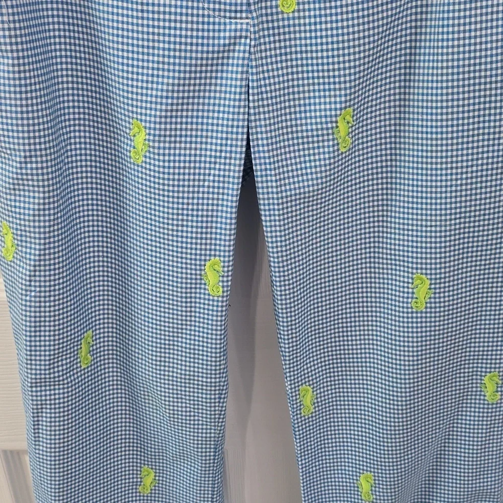 J. Crew Women's Blue Gingham Embroidered Seahorse Flare Stretch Pants Size 2